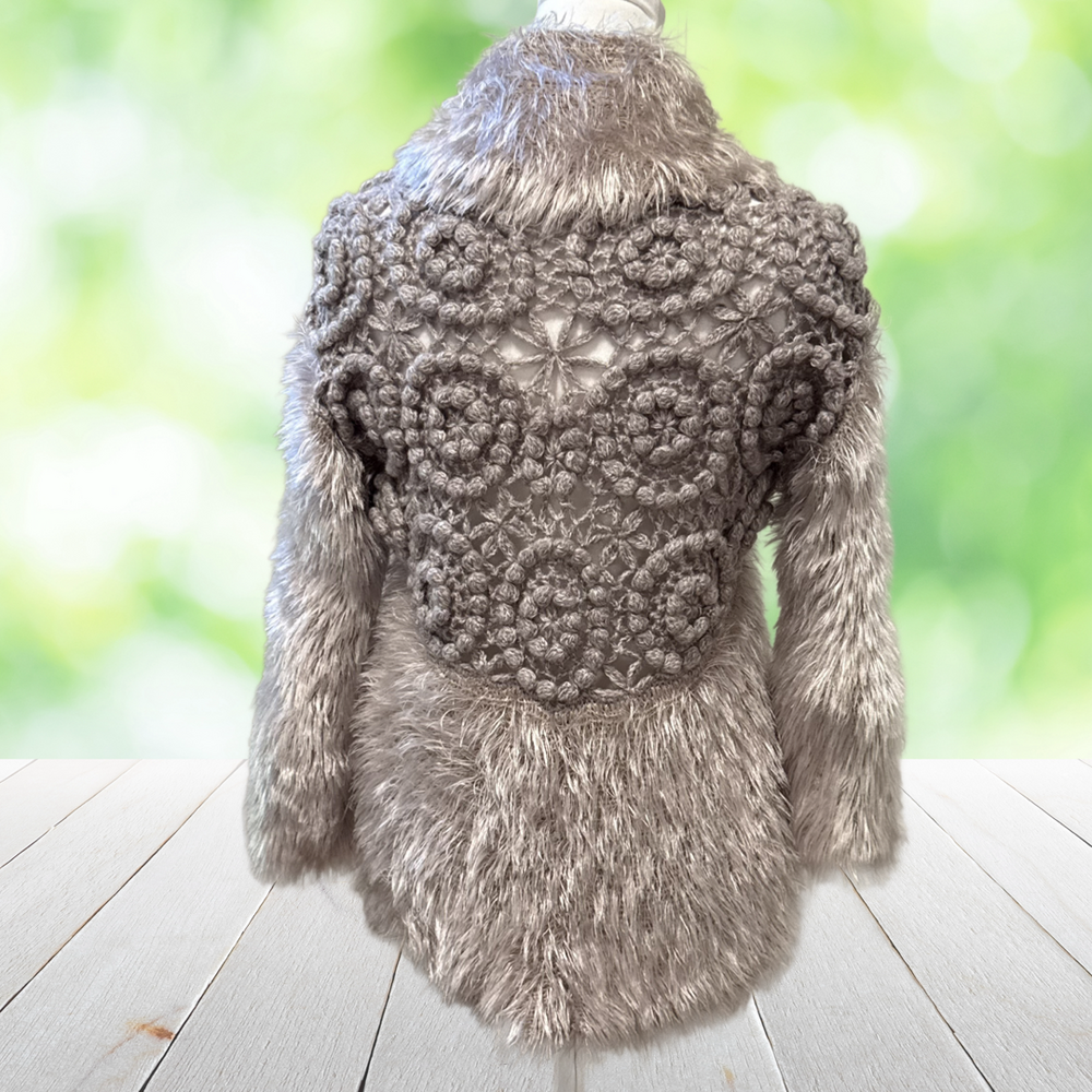 Vintage Y2K Crochet Back Cardigan Mohair Blend Boho Glam Fuzzy Shrug Size S/M